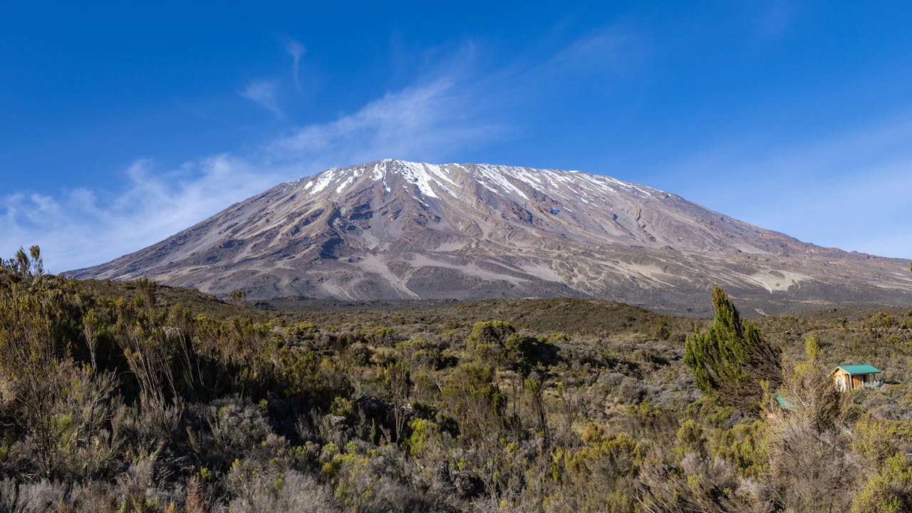 A breathtaking landscape of Mount Kilimanjaro with clear skies, showcasing the snowy peak and lush greenery.